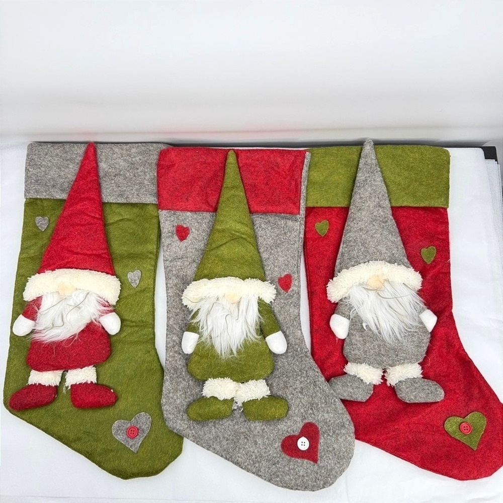 Christmas Stocking Set of 3 Gnomes Felt Holiday Mantle Decor Whimsical Nordic